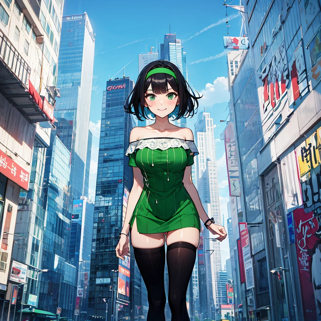 (solo), (1 skinny girl standing), arms behind back, swaying back, (tight-fit black thighhighs), collarbone, BREAK, (yellow hairband), green off-shoulder dress with shoulder straps, (off-shoulder white shirts under dress:1.2), glass-walled skyscrapers in distance, BREAK, (long skinny legs), huge breasts, BREAK, (forced smile:1.3), (dripping tires:1.3), (disappeared), open mouth, orgasm, nsfw, pussy juice dripping down between thighs