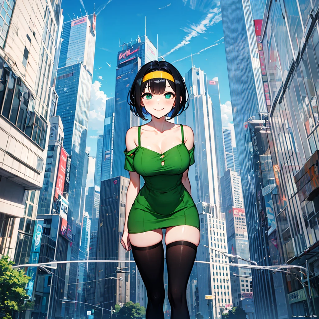 (solo), (1 skinny girl standing), arms behind back, swaying back, (tight-fit black thighhighs), collarbone, BREAK, (yellow hairband), green off-shoulder dress with shoulder straps, (off-shoulder white shirts under dress:1.2), glass-walled skyscrapers in distance, BREAK, (long skinny legs), huge breasts, BREAK, (forced smile:1.3), (dripping tires:1.3), (disappeared), open mouth, orgasm, nsfw, pussy juice dripping down between thighs