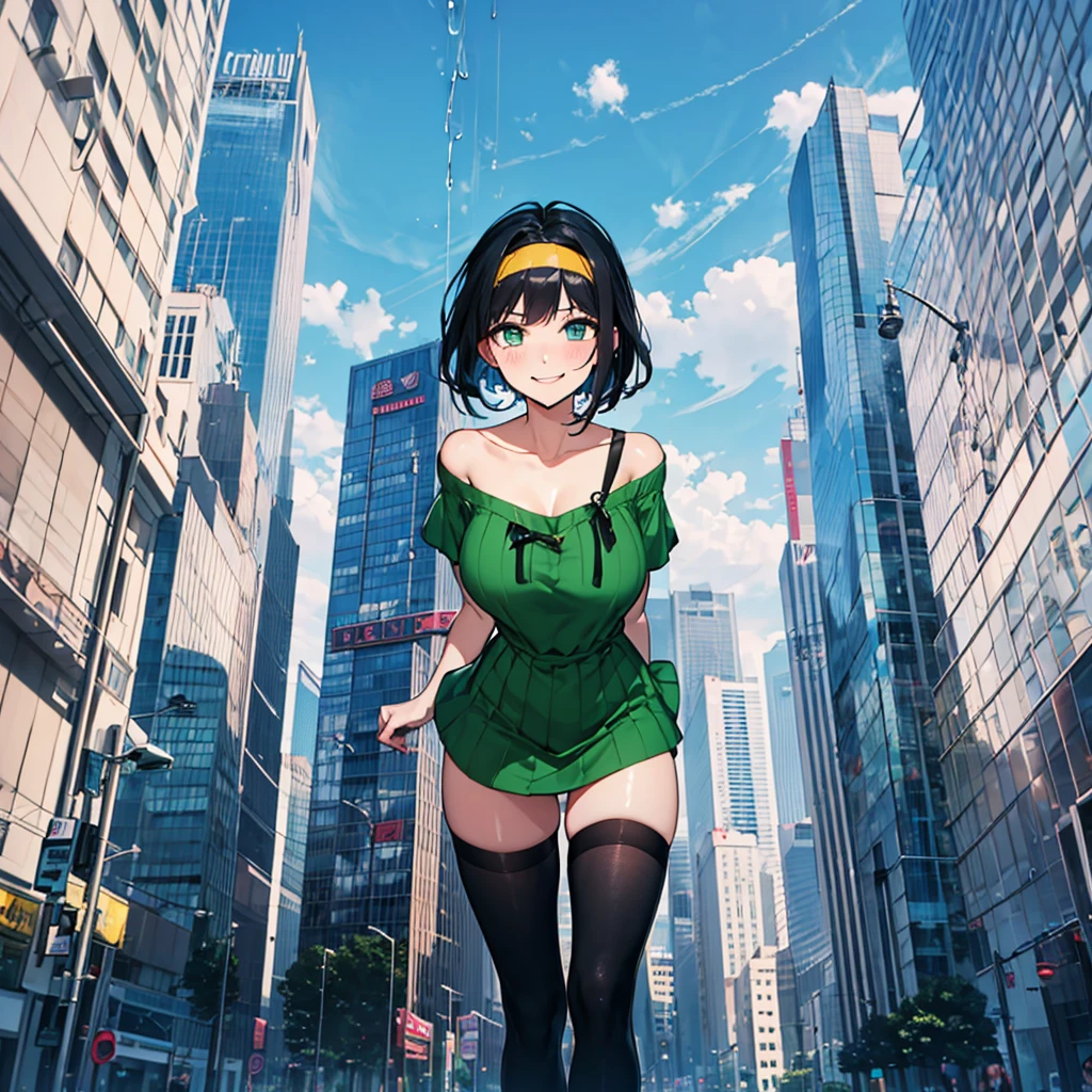 (solo), (1 skinny girl standing), arms behind back, swaying back, (tight-fit black thighhighs), collarbone, BREAK, (yellow hairband), green off-shoulder dress with shoulder straps, (off-shoulder white shirts under dress:1.2), glass-walled skyscrapers in distance, BREAK, (long skinny legs), huge breasts, BREAK, (forced smile:1.3), (dripping tires:1.3), (disappeared), open mouth, orgasm, nsfw, pussy juice dripping down between thighs