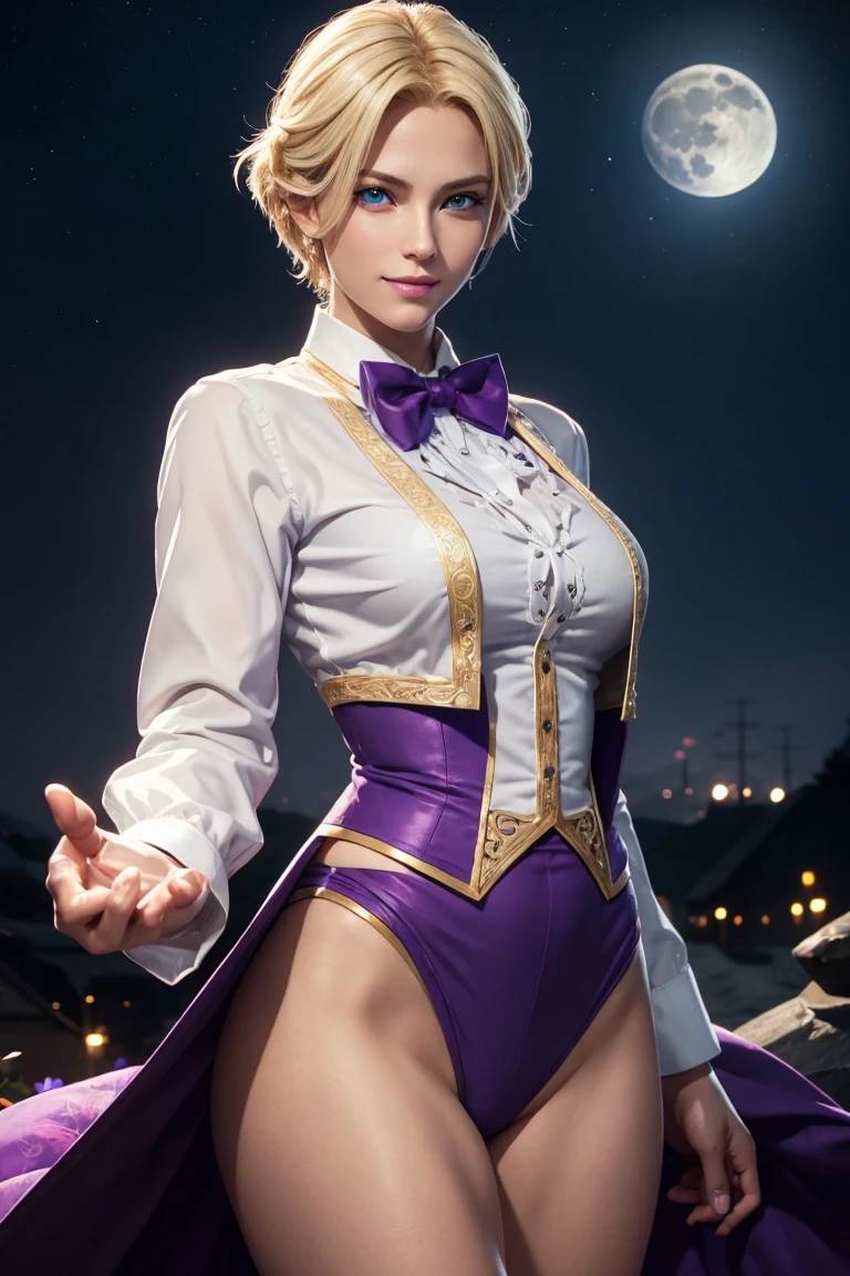 KOF,King of Fighters,King,Blue Eyes,Blonde Hair,Medium Hair,White long shirt,Purple vest,A bow tie,Beautiful white skin,Photorealistic,Ultra HD,high quality,masterpiece,Digital SLR,Detailed details,Intricate details,Anatomical basis,Depicted in detail,A detailed face,Realistic skin texture,Vivid details,Perfect Anatomy,Perfect Anatomy,Anatomically correct hand,Anatomically correct fingers,Super Detail,Complex 3D rendering,Sexy pose,Fantasy worldview,Beautiful Full Moon,,Beautiful night sky,Purple rose petals fluttering,Picturesque,Pink Lips,smile,