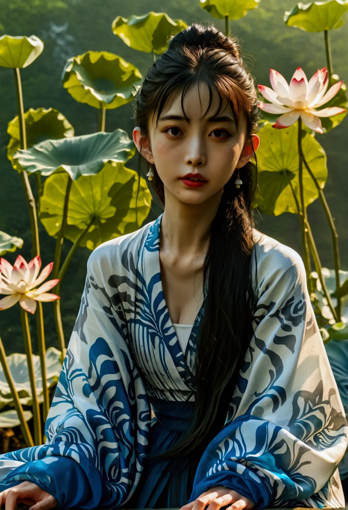 a beautiful ancient chinese woman sitting on a stone, wearing traditional chinese dress with flowing blue chiffon, in a lazy pos...