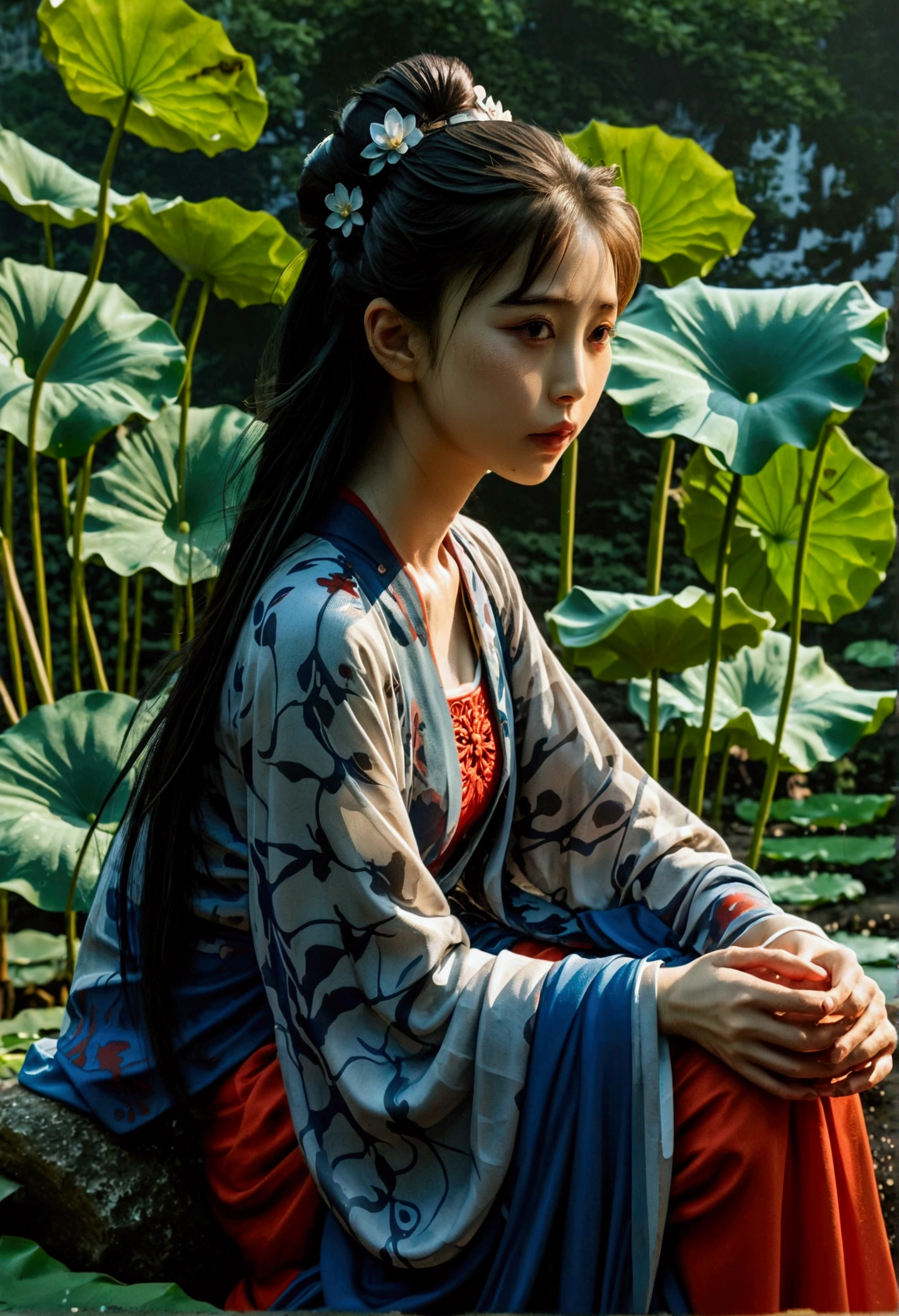 a beautiful ancient chinese woman sitting on a stone, wearing traditional chinese dress with flowing blue chiffon, in a lazy pose, large lotus leaves, lotus flowers, traditional chinese ink painting style, clean colors, white space, freeform, masterpiece, extremely detailed, epic-scale, 4k, best quality, (best quality,4k,8k,highres,masterpiece:1.2),ultra-detailed,(realistic,photorealistic,photo-realistic:1.37),HDR,UHD,studio lighting,ultra-fine painting,sharp focus,physically-based rendering,extreme detail description,professional,vivid colors,bokeh