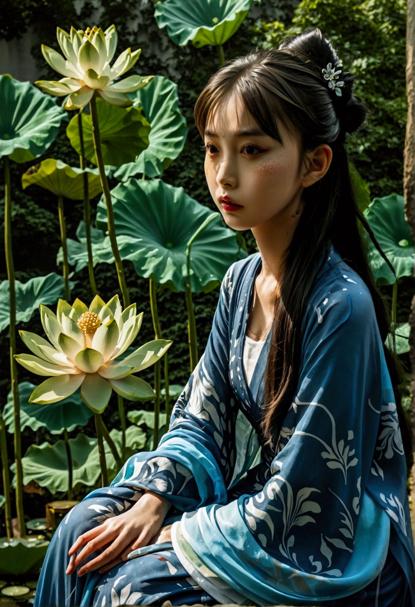 a beautiful ancient chinese woman sitting on a stone, wearing traditional chinese dress with flowing blue chiffon, in a lazy pose, large lotus leaves, lotus flowers, traditional chinese ink painting style, clean colors, white space, freeform, masterpiece, extremely detailed, epic-scale, 4k, best quality, (best quality,4k,8k,highres,masterpiece:1.2),ultra-detailed,(realistic,photorealistic,photo-realistic:1.37),HDR,UHD,studio lighting,ultra-fine painting,sharp focus,physically-based rendering,extreme detail description,professional,vivid colors,bokeh