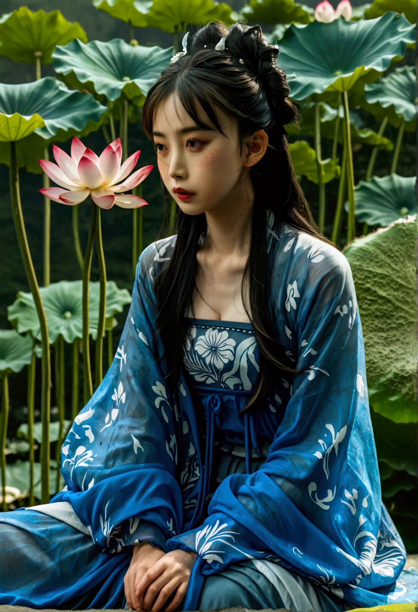 a beautiful ancient chinese woman sitting on a stone, wearing traditional chinese dress with flowing blue chiffon, in a lazy pose, large lotus leaves, lotus flowers, traditional chinese ink painting style, clean colors, white space, freeform, masterpiece, extremely detailed, epic-scale, 4k, best quality, (best quality,4k,8k,highres,masterpiece:1.2),ultra-detailed,(realistic,photorealistic,photo-realistic:1.37),HDR,UHD,studio lighting,ultra-fine painting,sharp focus,physically-based rendering,extreme detail description,professional,vivid colors,bokeh