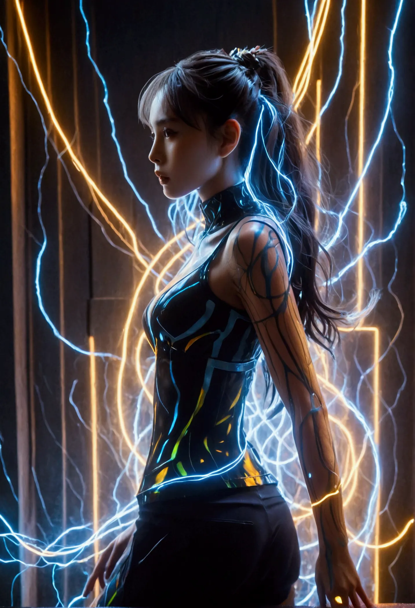 （masterpiece，best quality：1.2），1girl，individual，holographic silhouette of a girl made of glowing liquid，with lightning body line...