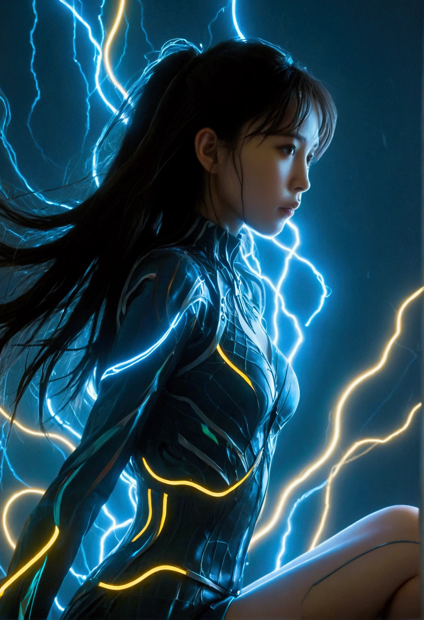 （masterpiece，Best quality：1.2），1girl，individual，Holographic silhouette of a girl made of glowing liquid，With lightning body lines，Glowing long hair，Bioluminescent transparent fluid with detailed digital matrix veins，complex，Neon multicolor，Running posture perfect model posture，Full Shadow Pose，Perfect legs，Low angle shot，Watch from below，Stomping whirlwind and lightning，Lightning background，有史以来Best quality，high resolution，8k，