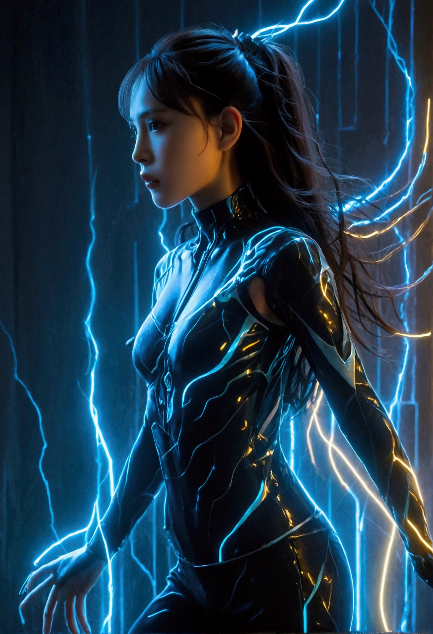 （masterpiece，Best quality：1.2），1girl，individual，Holographic silhouette of a girl made of glowing liquid，With lightning body lines，Glowing long hair，Bioluminescent transparent fluid with detailed digital matrix veins，complex，Neon multicolor，Running posture perfect model posture，Full Shadow Pose，Perfect legs，Low angle shot，Watch from below，Stomping whirlwind and lightning，Lightning background，有史以来Best quality，high resolution，8k，