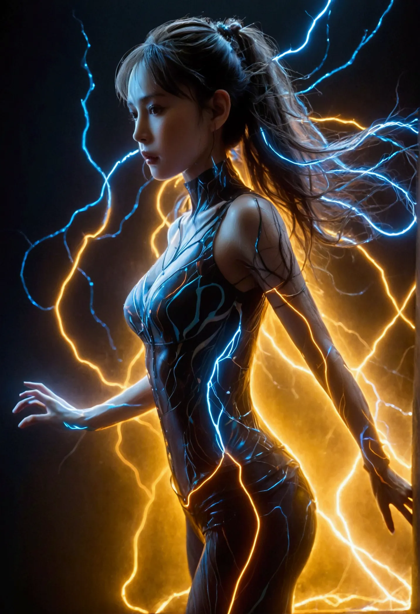 （masterpiece，best quality：1.2），1girl，individual，holographic silhouette of a girl made of glowing liquid，with lightning body line...