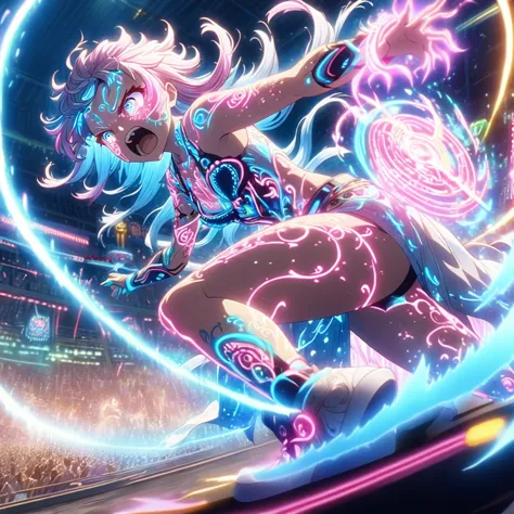 action scenes,battle,anime screenshots、 artistic anime illustration of a woman adorned with glowing neon magic tattoos all over ...