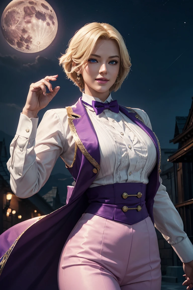 KOF,King of Fighters,King,Blue Eyes,Blonde Hair,Medium Hair,White long shirt,Purple vest,A bow tie,Beautiful white skin,Photorealistic,Ultra HD,high quality,masterpiece,Digital SLR,Detailed details,Intricate details,Anatomical basis,Depicted in detail,A detailed face,Realistic skin texture,Vivid details,Perfect Anatomy,Perfect Anatomy,Anatomically correct hand,Anatomically correct fingers,Super Detail,Complex 3D rendering,Sexy pose,Fantasy worldview,Beautiful Full Moon,,Beautiful night sky,Purple rose petals fluttering,Picturesque,Pink Lips,smile,