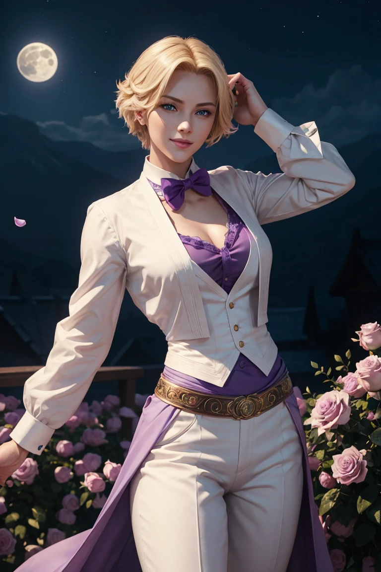 KOF,King of Fighters,King,Blue Eyes,Blonde Hair,Medium Hair,White long shirt,Purple vest,A bow tie,Beautiful white skin,Photorealistic,Ultra HD,high quality,masterpiece,Digital SLR,Detailed details,Intricate details,Anatomical basis,Depicted in detail,A detailed face,Realistic skin texture,Vivid details,Perfect Anatomy,Perfect Anatomy,Anatomically correct hand,Anatomically correct fingers,Super Detail,Complex 3D rendering,Sexy pose,Fantasy worldview,Beautiful Full Moon,,Beautiful night sky,Purple rose petals fluttering,Picturesque,Pink Lips,smile,