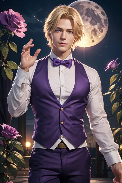 kof,king of fighters,king,blue eyes,blonde hair,medium hair,white long shirt,purple vest,a bow tie,beautiful white skin,photorea...