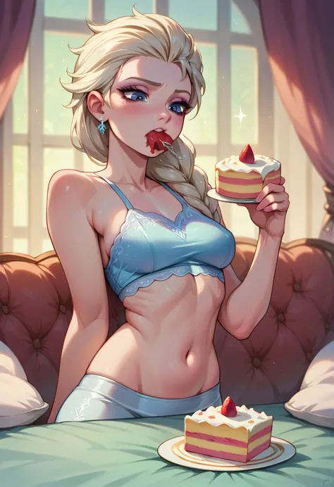 tall sullen elsa skinny face,pudybelly, fullbodyimage ,eating a cake