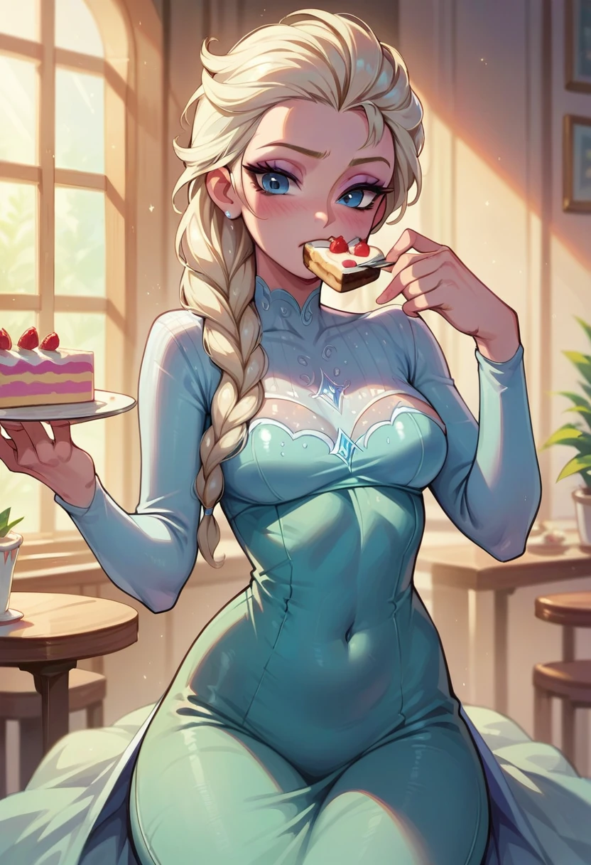 Tall sullen Elsa skinny face,pudybelly, fullbodyimage ,eating a cake