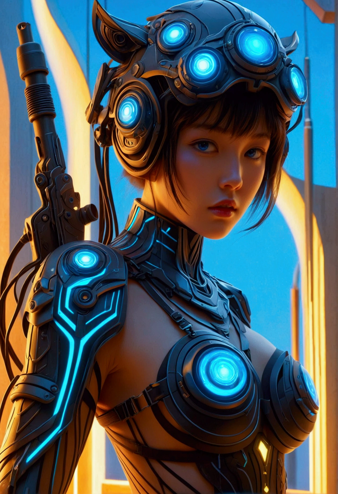 (Front view:1.5)，(full_shot:1.7), Sexy，girl，solo，photo，Sexy蒸汽朋克girl的photo插图，Shining blue eyes，Naked transparent tights，Side view iconic model walking pose，Provocative and seductive expression，Advanced Cybernetic Helmet，Waist bag with heavy weapons，Enhanced cybernetic gloves with large weapons，Full body torso，Athlete posture body，Low angle shot，Fantasy Art，Two tones，数码处理photo艺术，Ultra Detail，Clarity，High contrast，Bright atmosphere，Rich texture，Complex patterns，Vibrant colors，Movie Lighting，Accurate anatomical proportions。realistic digital art，Highly detailed VFX portraits，Stunning large-scale cybernetic background，Stunning digital art，超现实主义的Fantasy Art，Dramatic shadows，Dramatic lighting，Interwoven elements，