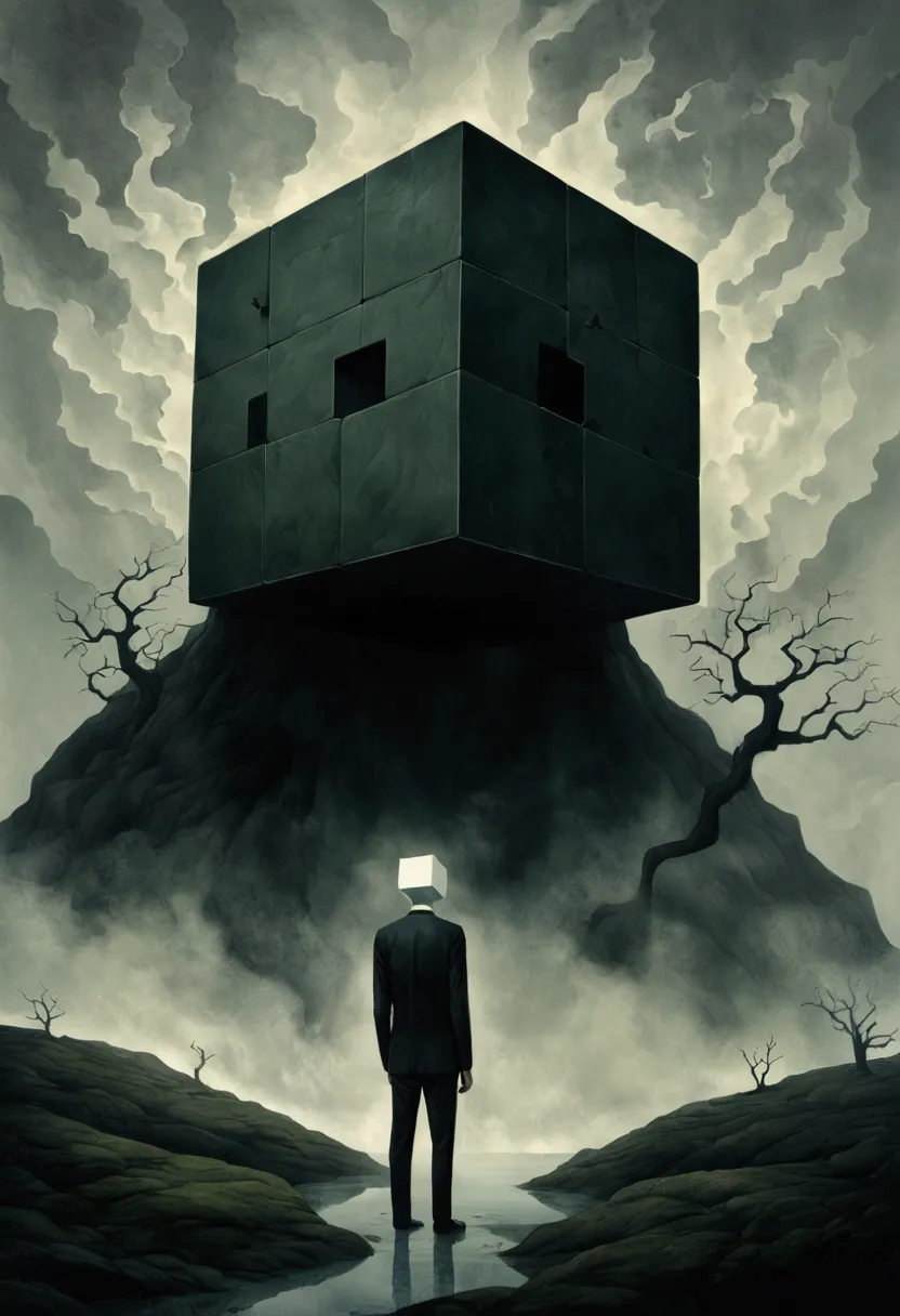 faceless man,(((cube head)))，cube anthropomorphism，bend over，tired， alessio albi, abstract surrealism, faceless man dark, unsett...