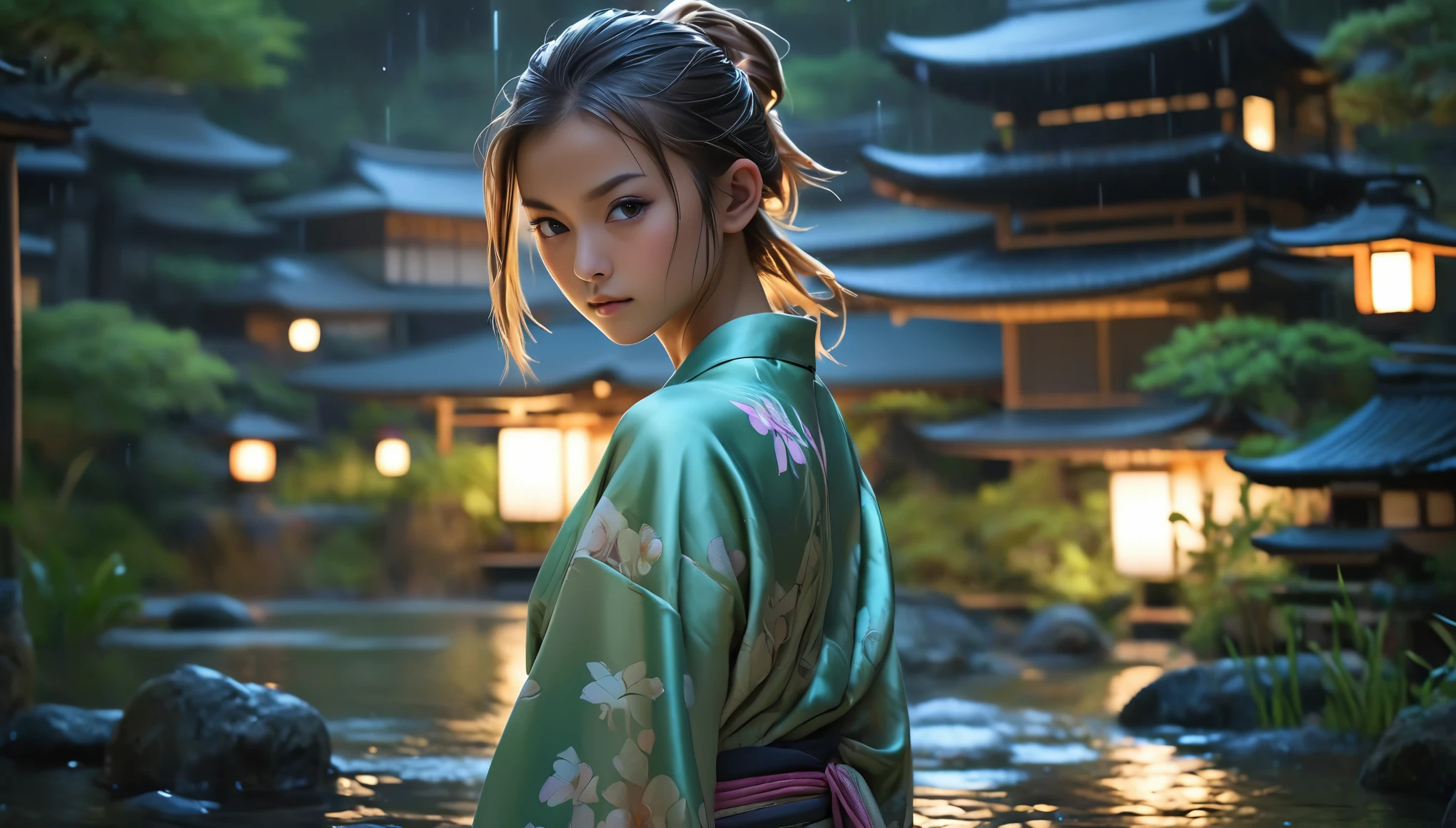 Top Quality, Masterpiece, High Resolution, 8k, (((cute skinny barely legal girl in oversized silky Spa Wrap Top and pants, random color, wide neckline, deep neckline, small perky breasts, beautiful detailed eyes, beautiful detailed lips, small closed mouth, extremely detailed face, long ponytail hair, small hips))), (((japanese onsen, wet and steamy atmosphere))), intricate details, at night, backlit, full body shot, view from distance