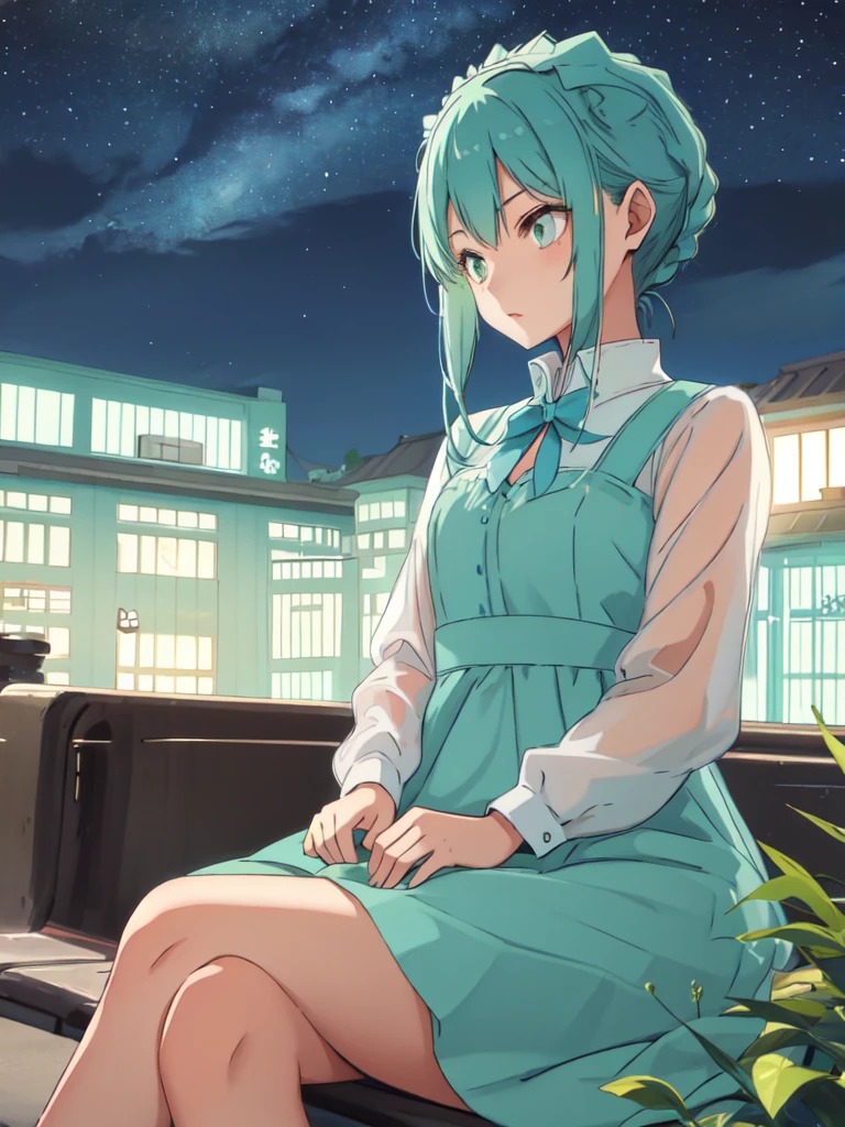 a girl , blue+green color dress sitting in a park , night star sky