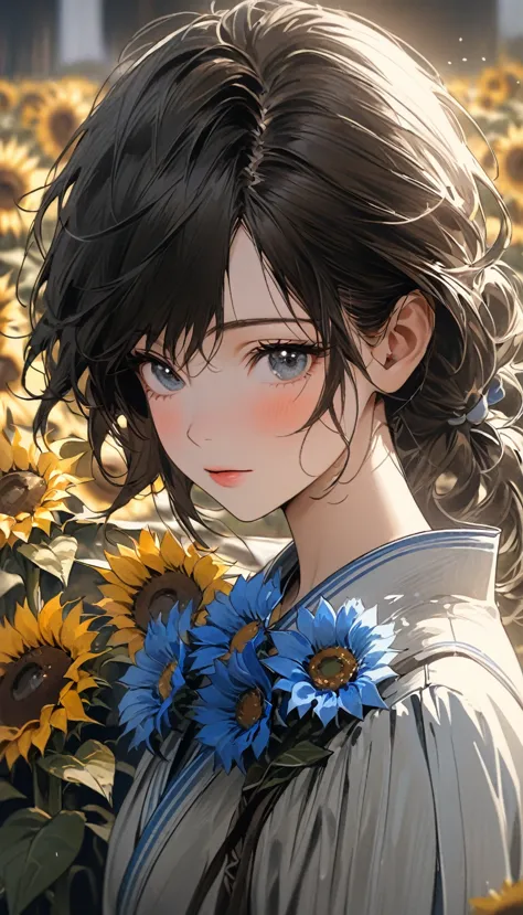 fictional character composition, wearing young blue flowers, surrounded by sunflowers, main character, open your eyes, his hair ...