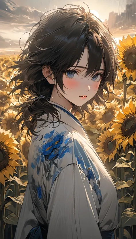 fictional character composition, wearing young blue flowers, surrounded by sunflowers, main character, open your eyes, his hair ...