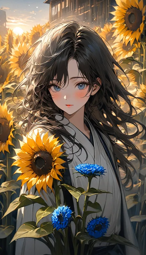 fictional character composition, wearing young blue flowers, surrounded by sunflowers, main character, open your eyes, his hair ...