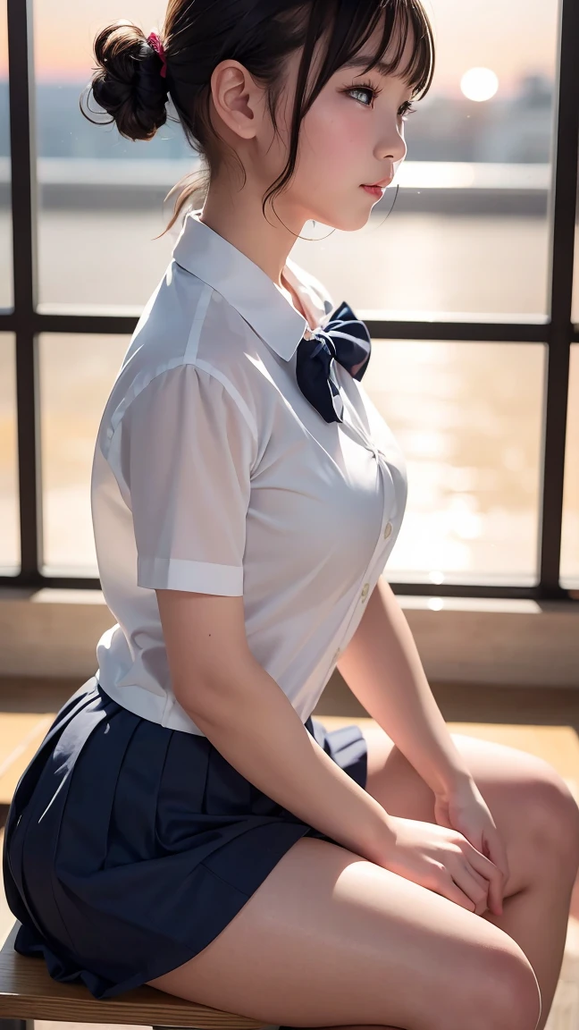  Adorable, classroom、 Japanese Girls, (Portraiture, close:1),Curly shorthair,  Scrunchie,( cheek,Glossy Lips:1),Ruffled Uniform、 View your viewers,  ,Sweaty, (Baby Face),   (Embarrassing, smile:0.7), (Pale skin:1.1), (From the side), sunset,  catch_Light, 