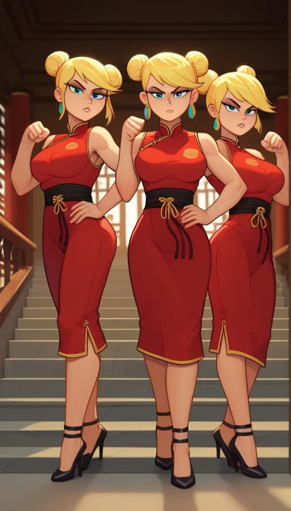 lola loud, 3girls, trio, 24yo girl, large breasts, black cheongsam, inside of a chinese temple, looking at viewer, blonde hair, two hair buns , hands score_9, score_8_up, score_7_up, high heels, teep fighting stance,martial arts, stairs behind her, guarding the stairs, they wear the same outfit, they are twins, rear view