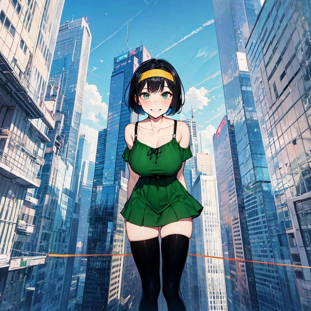 (solo), (1 skinny girl standing), arms behind back, swaying back, (tight-fit black thighhighs), collarbone, BREAK, (yellow hairband), green off-shoulder dress with shoulder straps, (off-shoulder white shirts under dress:1.2), glass-walled skyscrapers in distance, BREAK, (long skinny legs), huge breasts, BREAK, (forced smile:1.3), (dripping tires:1.3), (disappeared), open mouth, orgasm, nsfw, pussy juice dripping down between thighs