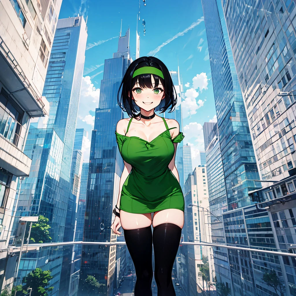 (solo), (1 skinny girl standing), arms behind back, swaying back, (tight-fit black thighhighs), collarbone, BREAK, (yellow hairband), green off-shoulder dress with shoulder straps, (off-shoulder white shirts under dress:1.2), glass-walled skyscrapers in distance, BREAK, (long skinny legs), huge breasts, BREAK, (forced smile:1.3), (dripping tires:1.3), (disappeared), open mouth, orgasm, nsfw, pussy juice dripping down between thighs