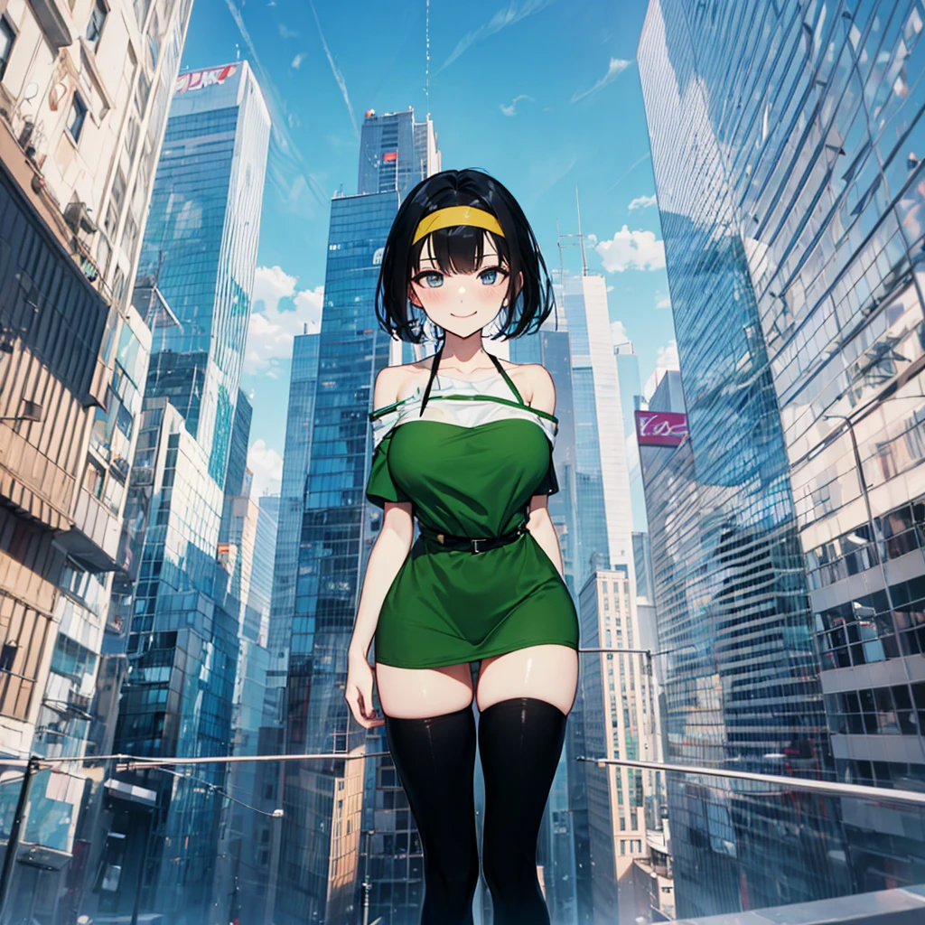 (solo), (1 skinny girl standing), arms behind back, swaying back, (tight-fit black thighhighs), collarbone, BREAK, (yellow hairband), green off-shoulder dress with shoulder straps, (off-shoulder white shirts under dress:1.2), glass-walled skyscrapers in distance, BREAK, (long skinny legs), huge breasts, BREAK, (forced smile:1.3), (dripping tires:1.3), (disappeared), open mouth, orgasm, nsfw, pussy juice dripping down between thighs