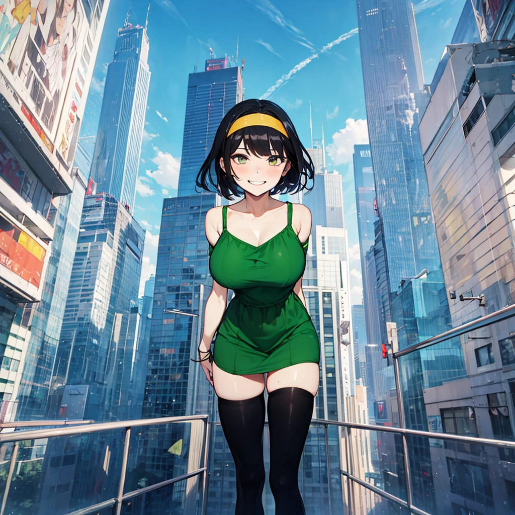 (solo), (1 skinny girl standing), arms behind back, swaying back, (tight-fit black thighhighs), collarbone, BREAK, (yellow hairband), green off-shoulder dress with shoulder straps, (off-shoulder white shirts under dress:1.2), glass-walled skyscrapers in distance, BREAK, (long skinny legs), huge breasts, BREAK, (forced smile:1.3), (dripping tires:1.3), (disappeared), open mouth, orgasm, nsfw, pussy juice dripping down between thighs