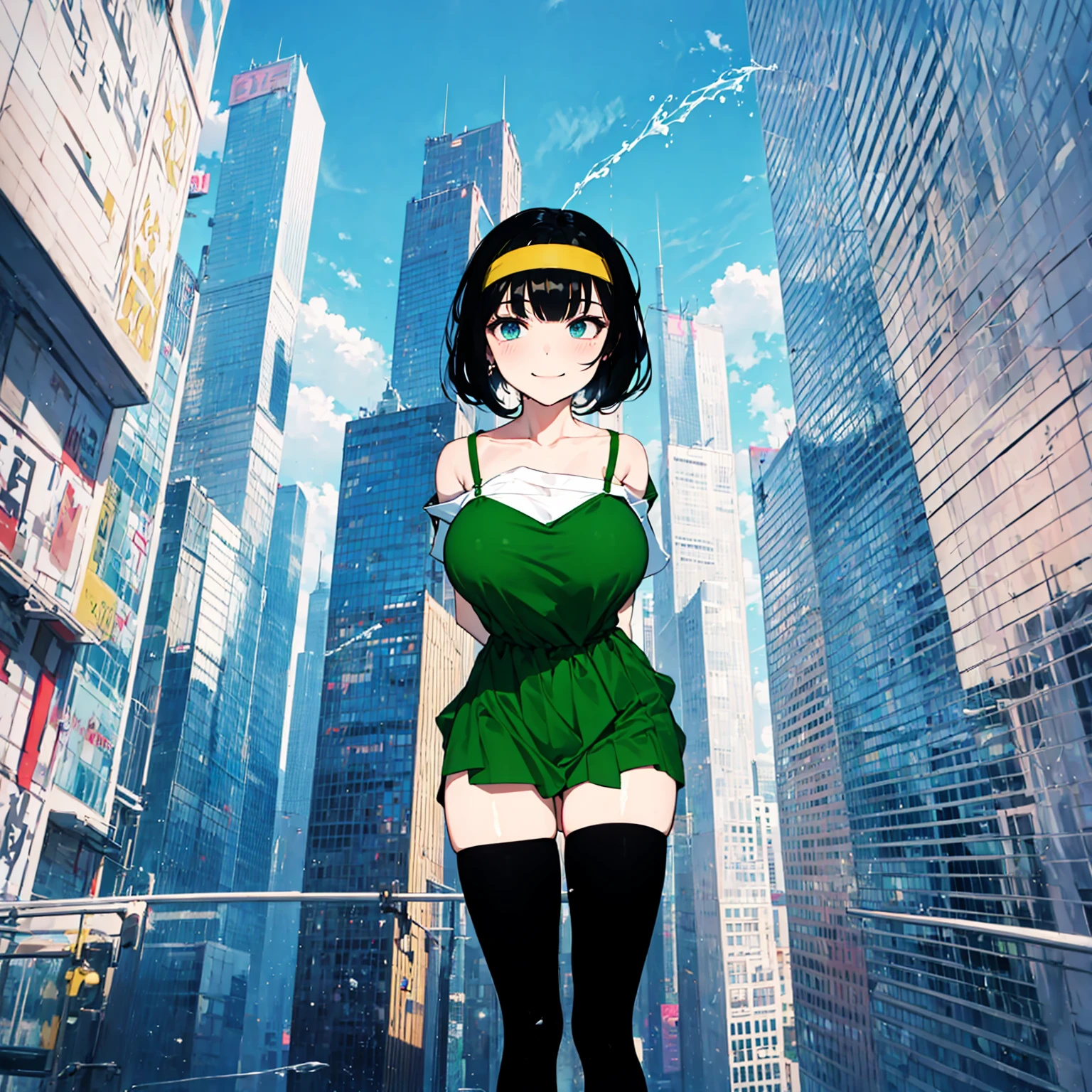 (solo), (1 skinny girl standing), arms behind back, swaying back, (tight-fit black thighhighs), collarbone, BREAK, (yellow hairband), green off-shoulder dress with shoulder straps, (off-shoulder white shirts under dress:1.2), glass-walled skyscrapers in distance, BREAK, (long skinny legs), huge breasts, BREAK, (forced smile:1.3), (dripping tires:1.3), (disappeared), open mouth, orgasm, nsfw, pussy juice dripping down between thighs