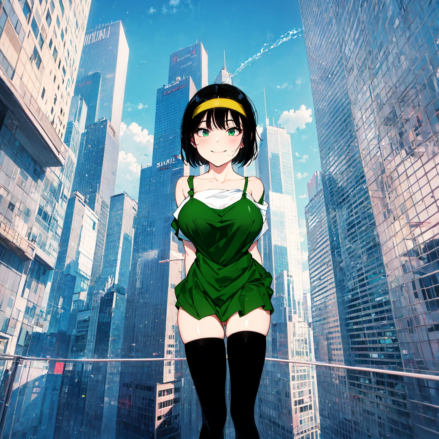 (solo), (1 skinny girl standing), arms behind back, swaying back, (tight-fit black thighhighs), collarbone, BREAK, (yellow hairband), green off-shoulder dress with shoulder straps, (off-shoulder white shirts under dress:1.2), glass-walled skyscrapers in distance, BREAK, (long skinny legs), huge breasts, BREAK, (forced smile:1.3), (dripping tires:1.3), (disappeared), open mouth, orgasm, nsfw, pussy juice dripping down between thighs