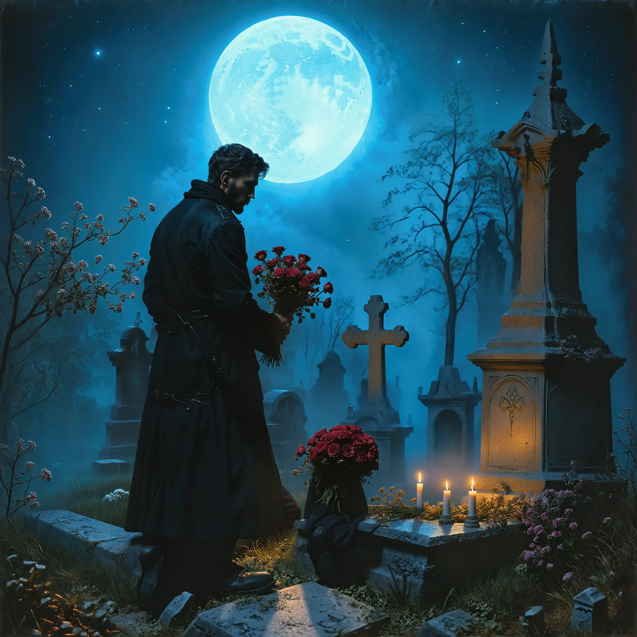 a man standing in a cemetery with a bouquet of flowers, kramskoi 4 k, at the graveyard at midnight, in a graveyard, inspired by ...