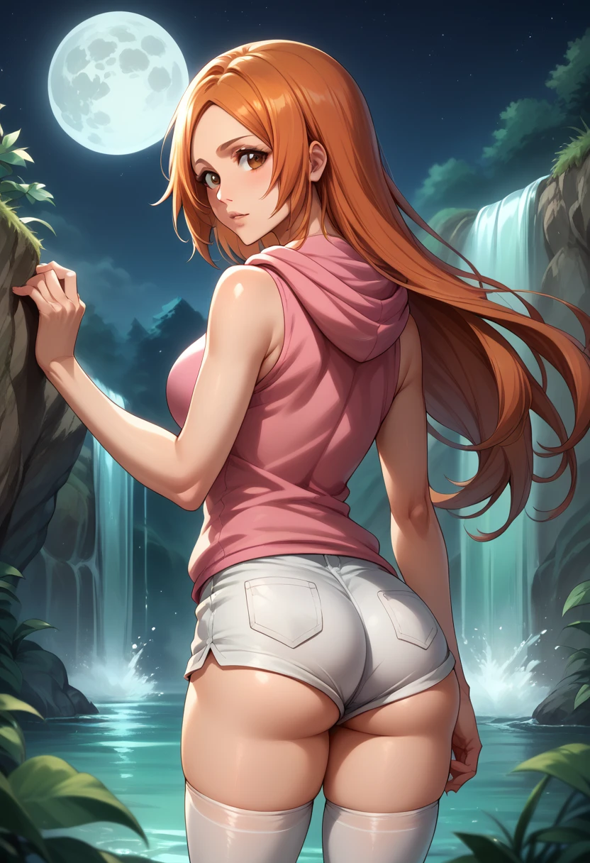 score_9, score_8_up, score_7_up, BREAK, score_9, inoue orihime, long hair, orange hair, brown eyes, thighhighs, shorts, sleeveless, hood, hoodie, pink hoodie, looking at viewer, cowboy shot, ass, from behind, night, full moon, waterfall