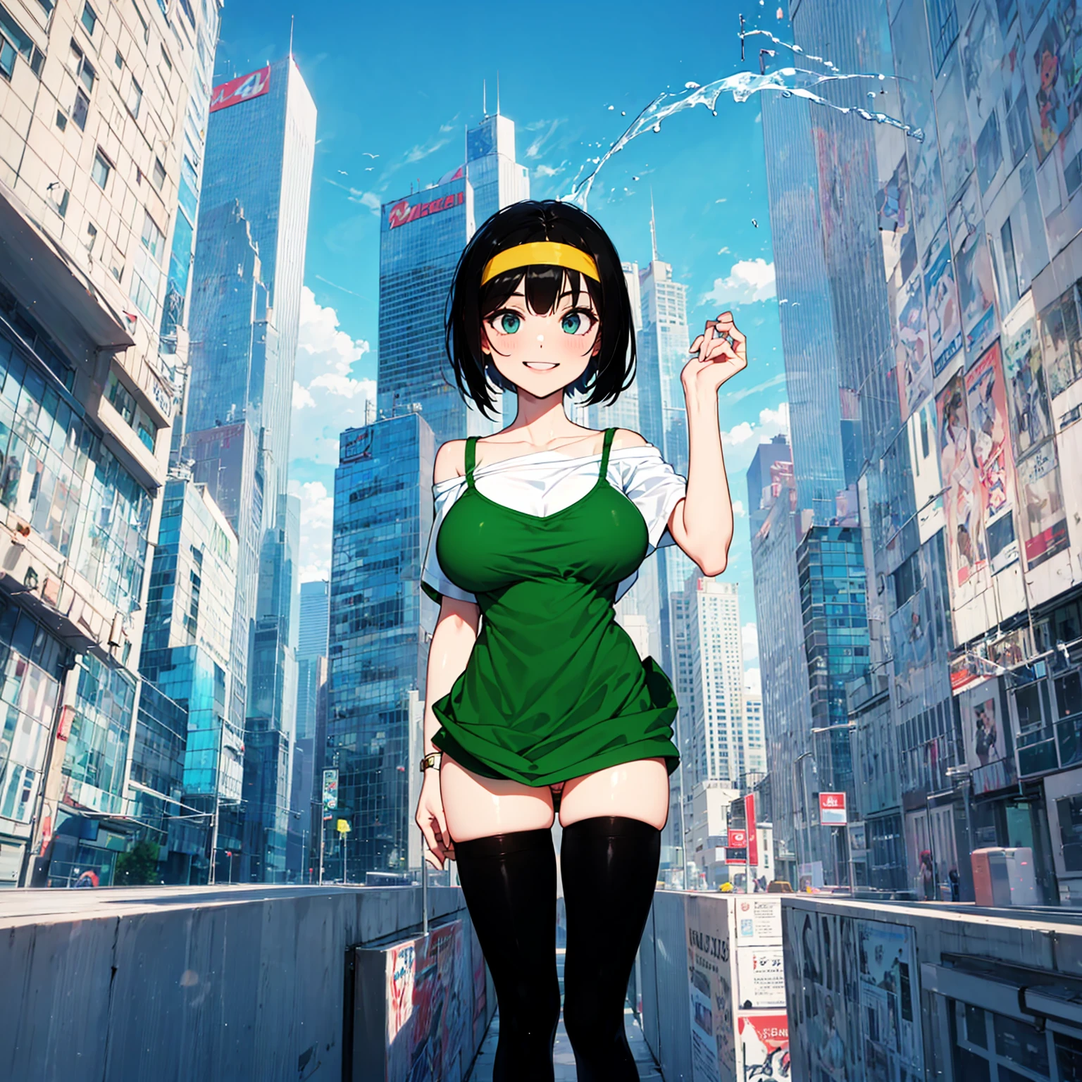 (solo), (1 skinny girl standing), arms behind back, swaying back, (tight-fit black thighhighs), collarbone, BREAK, (yellow hairband), green off-shoulder dress with shoulder straps, (off-shoulder white shirts under dress:1.2), glass-walled skyscrapers in distance, BREAK, (long skinny legs), huge breasts, BREAK, (forced smile:1.3), (dripping tires:1.3), (disappeared), open mouth, orgasm, nsfw, pussy juice dripping down between thighs