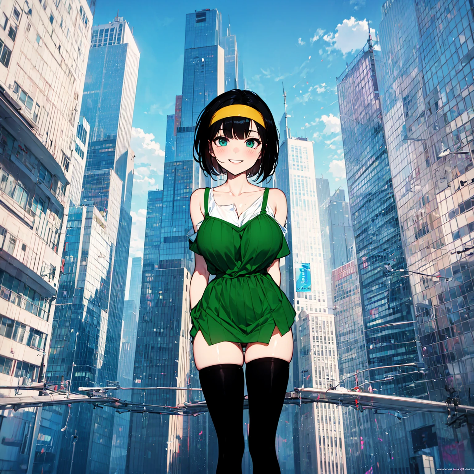 (solo), (1 skinny girl standing), arms behind back, swaying back, (tight-fit black thighhighs), collarbone, BREAK, (yellow hairband), green off-shoulder dress with shoulder straps, (off-shoulder white shirts under dress:1.2), glass-walled skyscrapers in distance, BREAK, (long skinny legs), huge breasts, BREAK, (forced smile:1.3), (dripping tires:1.3), (disappeared), open mouth, orgasm, nsfw, pussy juice dripping down between thighs