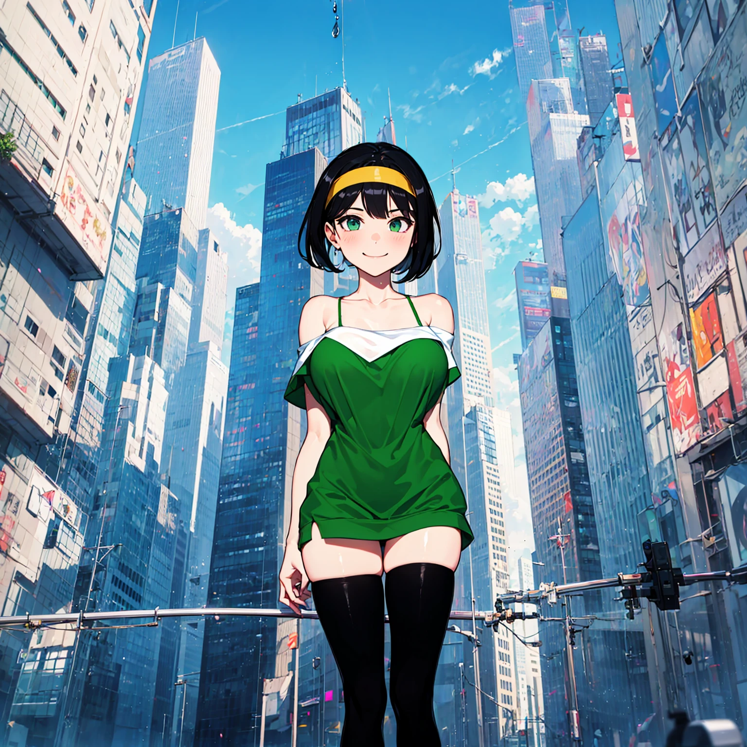 (solo), (1 skinny girl standing), arms behind back, swaying back, (tight-fit black thighhighs), collarbone, BREAK, (yellow hairband), green off-shoulder dress with shoulder straps, (off-shoulder white shirts under dress:1.2), glass-walled skyscrapers in distance, BREAK, (long skinny legs), huge breasts, BREAK, (forced smile:1.3), (dripping tires:1.3), (disappeared), open mouth, orgasm, nsfw, pussy juice dripping down between thighs