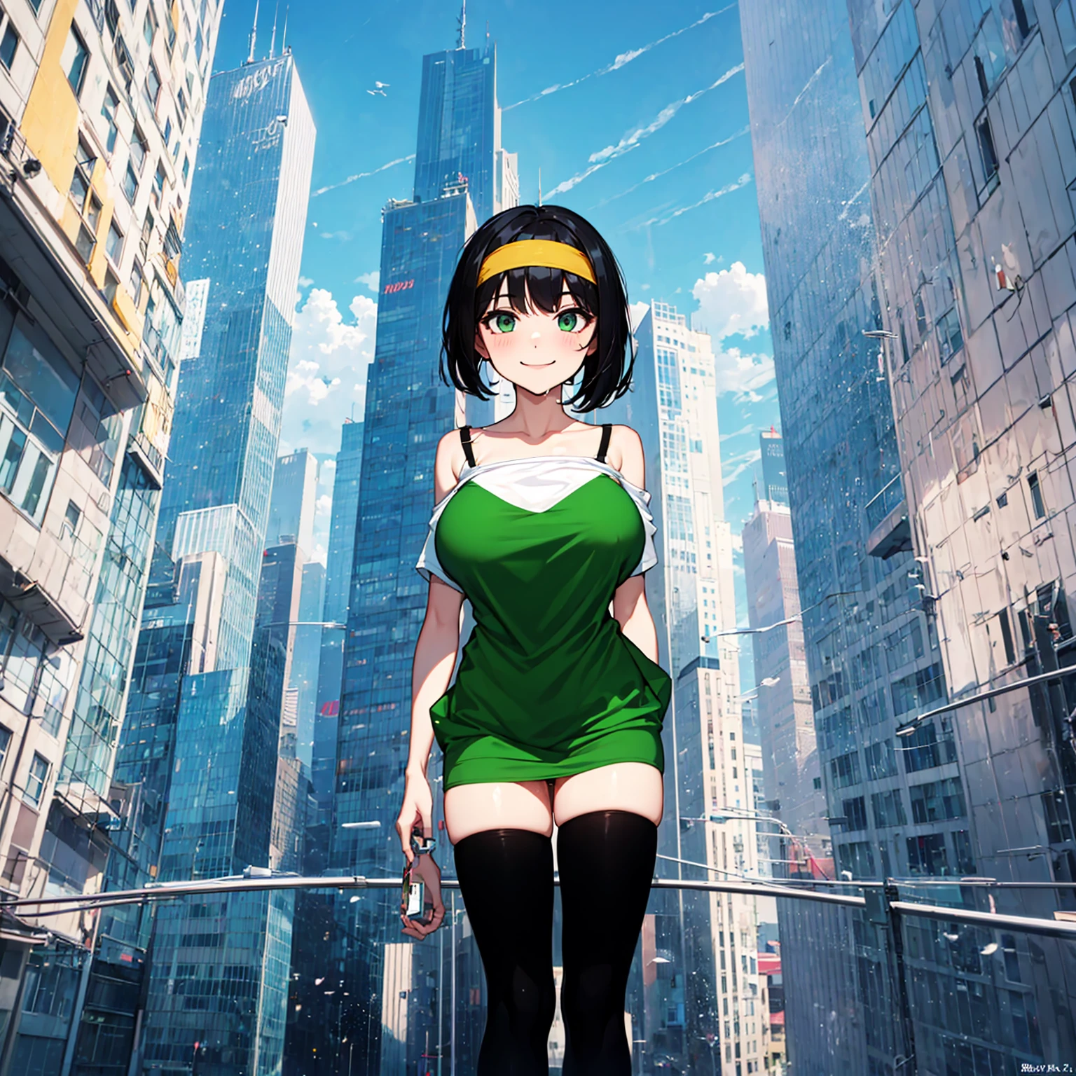 (solo), (1 skinny girl standing), arms behind back, swaying back, (tight-fit black thighhighs), collarbone, BREAK, (yellow hairband), green off-shoulder dress with shoulder straps, (off-shoulder white shirts under dress:1.2), glass-walled skyscrapers in distance, BREAK, (long skinny legs), huge breasts, BREAK, (forced smile:1.3), (dripping tires:1.3), (disappeared), open mouth, orgasm, nsfw, pussy juice dripping down between thighs