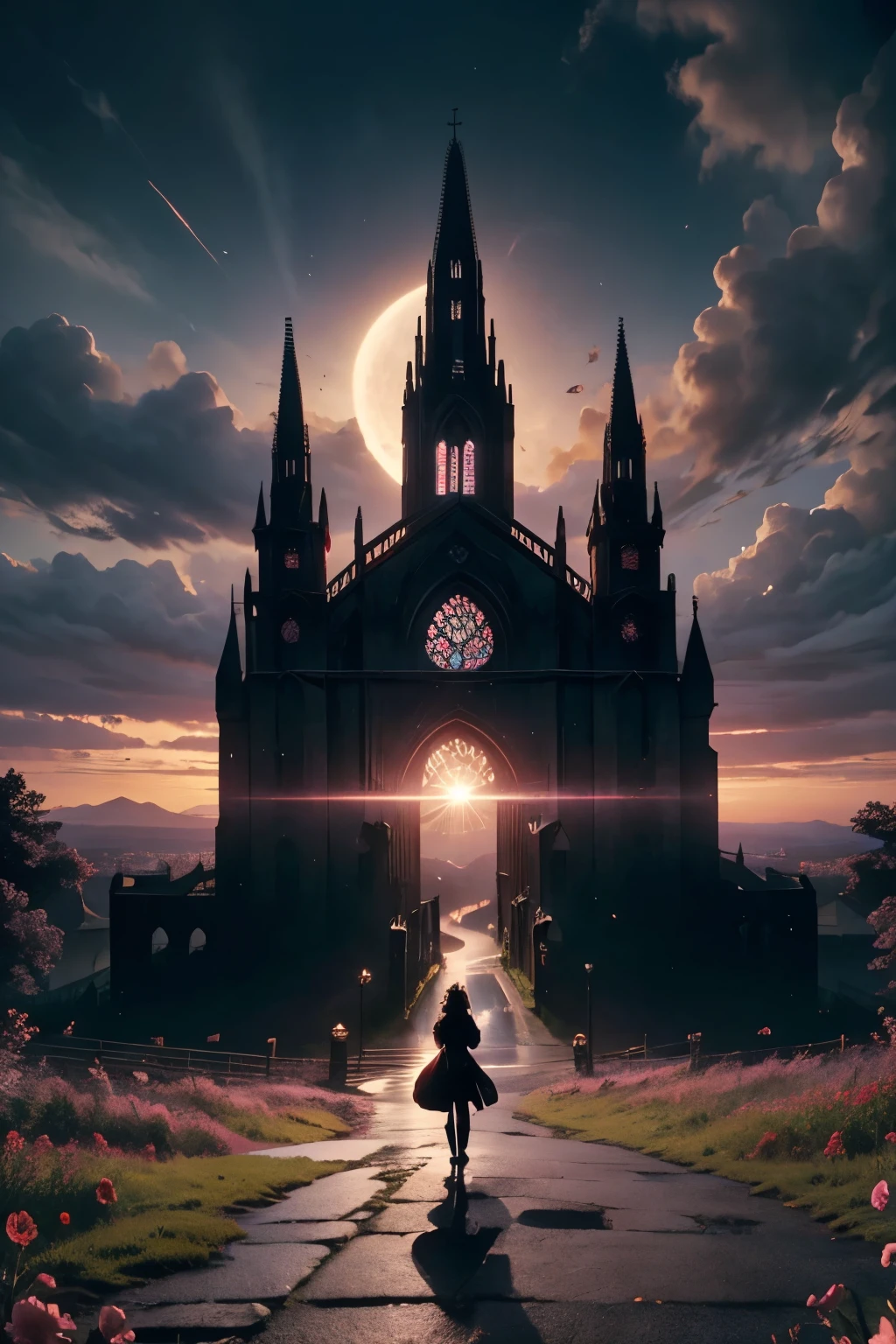 Anime aesthetics, silhouette, Fantasy Landscape, Medieval Cathedral, Broken wall, Tall old wooden door, Black Old Brooks, Broken road leading to the old cathedral, Red Solar Eclipse, Many pink flowers with pointed petals, Dark Souls 3 Eclipse, Wide Shot, Front view, Intense solar eclipse, Tragic mood, sad mood, 4K, masterpiece:1.4, Highest quality,4K,High resolution ultra-detail, retin