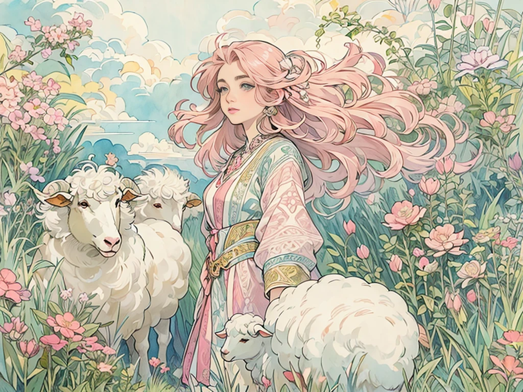 ((masterpiece)), (Highest quality), (Cinematic), Art Nouveau watercolor , Floral_background, Intricate designs and patterns in the style of Alphonse Mucha，\One Woman, Pink Hair, Long Hair, Cotton candy shaped hair, Fluffy hair, Thick eyebrows, Pink dress, Light blue cardigan, Standing in the grassland, Sheep next to\