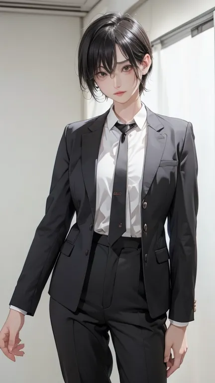 naked、nude、older sister、cool、slender、black hair,、short hair、in a suit、pants、