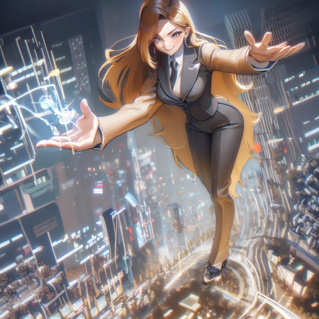 , giga giantess art, standing on a city, in the middle of a city, young adult, curvy, a pair of huge breasts, slim, light grey pinstriped trouser-suit and blazer，white tailored shirt, (extra wide Windsor knot red tie), waist-length hair，Wearing a pair of red platform heels，distance shot, A look of enjoyment, Beautiful appearance, smile, view from space, giga giantess