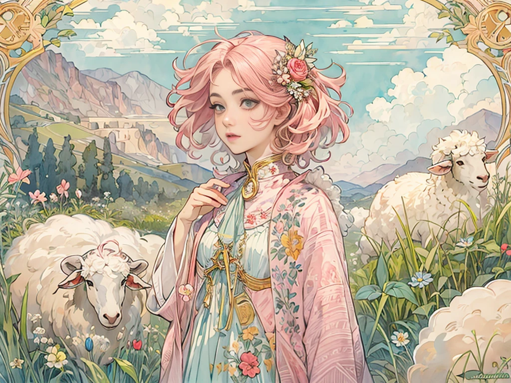 ((masterpiece)), (Highest quality), (Cinematic), Art Nouveau watercolor , Floral_background, Intricate designs and patterns in the style of Alphonse Mucha，\One Woman, Pink Hair, Long Hair, Cotton candy shaped hair, Fluffy hair, Thick eyebrows, Pink dress, Light blue cardigan, Standing in the grassland, Fluffy sheep next to me\