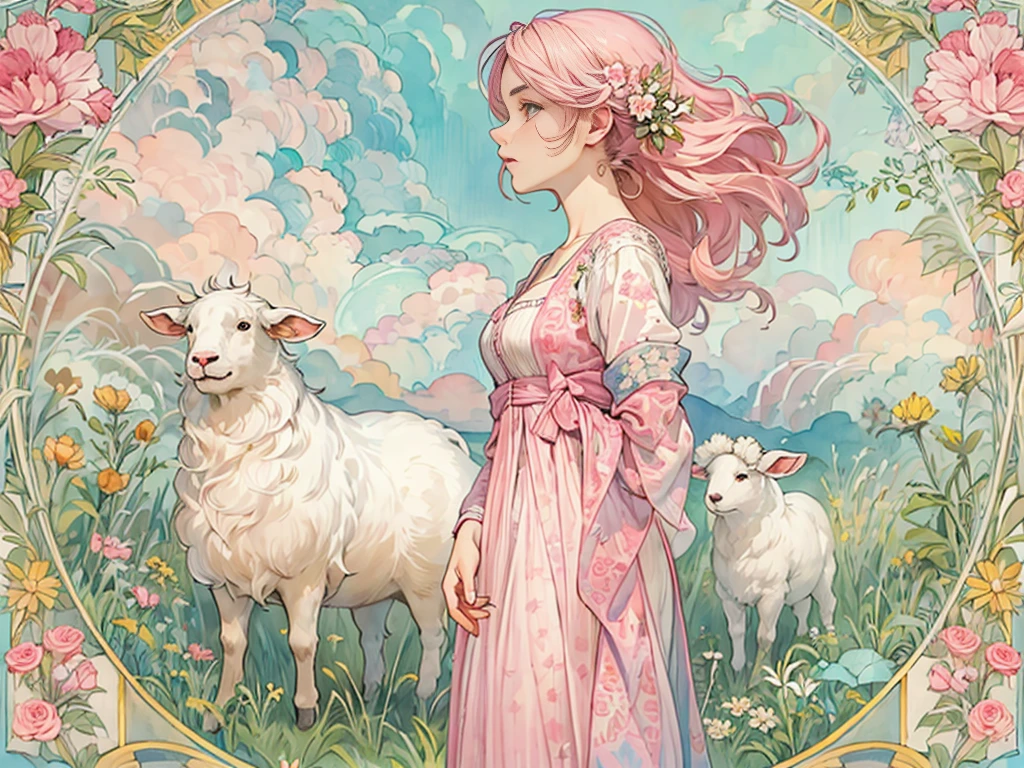 ((masterpiece)), (Highest quality), (Cinematic), Art Nouveau watercolor , Floral_background, Intricate designs and patterns in the style of Alphonse Mucha，\One Woman, Pink Hair, Long Hair, Cotton candy shaped hair, Fluffy hair, Thick eyebrows, Pink dress, Light blue cardigan, Standing in the grassland, Fluffy sheep next to me\