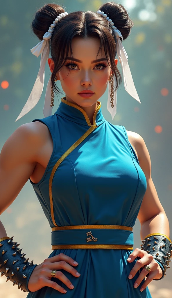 Scarlett Johansson, as Chun-Li, stands with fierce determination in a vibrant blue qipao, her hair styled in twin buns adorned with white ribbons. Her muscular legs, a testament to relentless training, are ready to unleash a storm of kicks. Her eyes, sharp and focused, reflect both the strength of a warrior and the empathy of someone who has faced many battles. The spiked bracelets on her wrists glint in the light, capturing her readiness for the fight ahead. She embodies the spirit of Chun-Li—graceful yet powerful, a force of justice with a deep sense of purpose etched across her resolute expression.