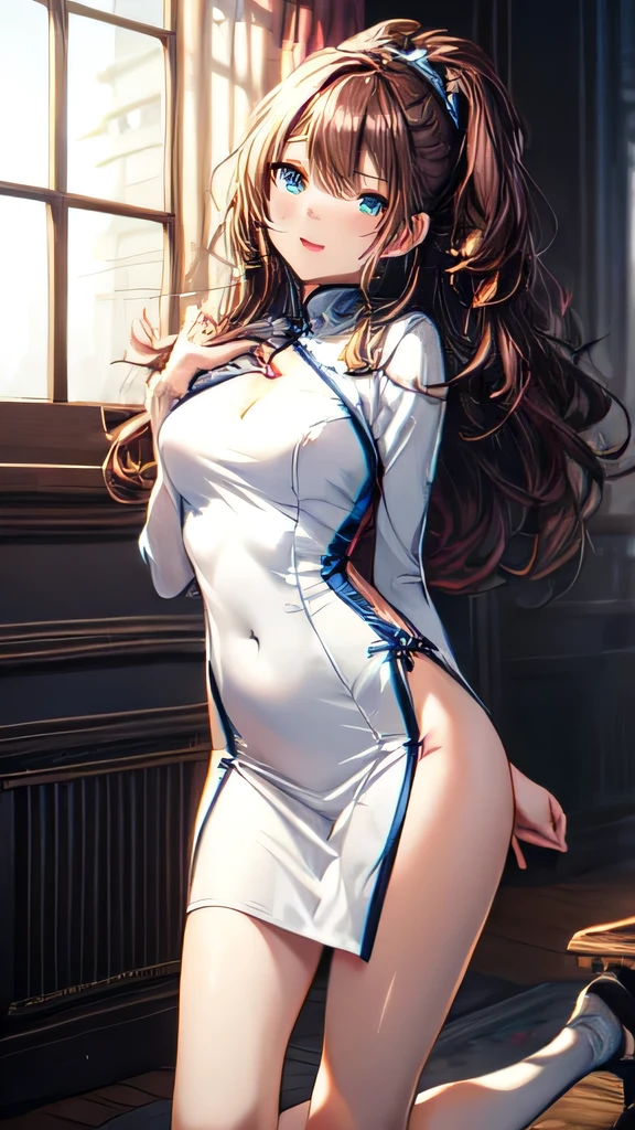 Very delicate,
beautiful girl,
break,
8k,
Highest quality,
masterpiece,
Super Adoption,
Very detailed,
Ultra-fine illustrations,
break,
Active Pause, Dynamic Angle,
indoor,
Shiny,
bright,
Rim Light,
break,
One person,
One personで,
Perfect female body,
Big Hair,
Fluffy hair,
Air Van,
Long bangs between the eyes,
Round face,
blue eyes,
smile, Open your mouth,
Medium, Well-proportioned breasts,

Full body portrait,Sexy pose:1.5,

break,
Tight mini Chinese dress,