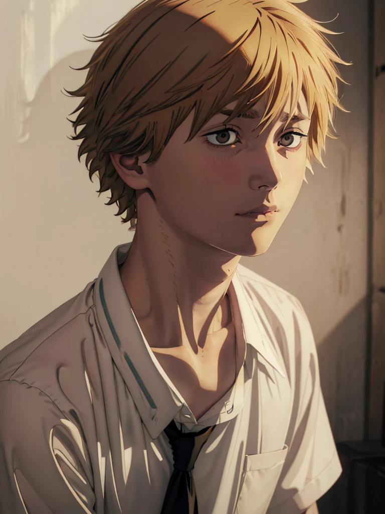 (best quality), 1boy, Male, 2, young man, pale skin, blonde hair, messy hair, messy bangs, bangs over eyes, short hair, brown eyes, perfect eyes, Denji, dark circles under eyes, lanky, tired, white shirt with tie, masterpiece, anatomically correct, highres
