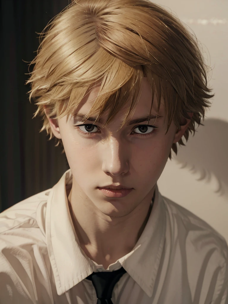 (best quality), 1boy, Male, 2, young man, pale skin, blonde hair, messy hair, messy bangs, bangs over eyes, short hair, brown eyes, perfect eyes, Denji, dark circles under eyes, lanky, tired, white shirt with tie, masterpiece, anatomically correct, highres
