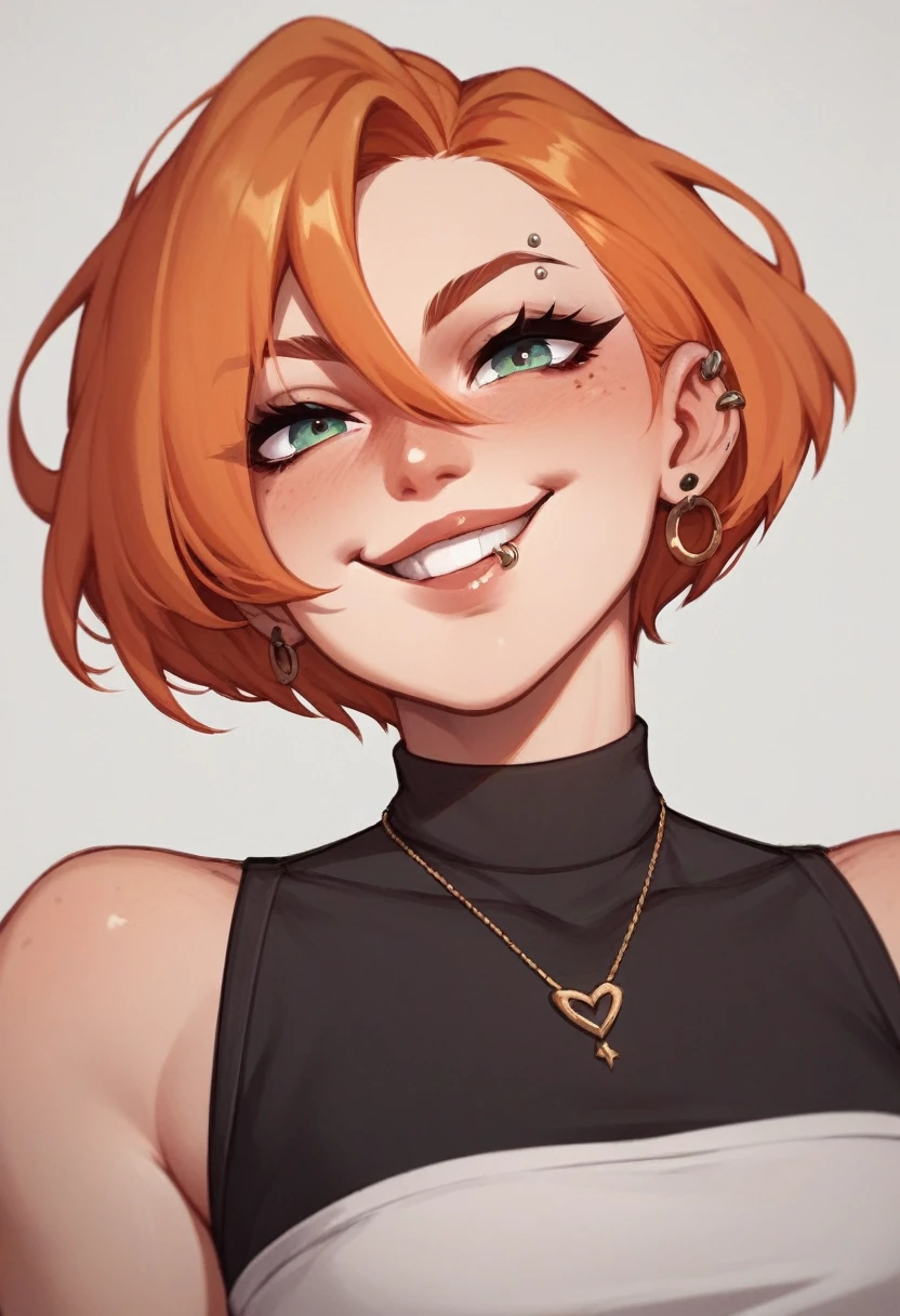 A girl, ginger with short hair, who wear black baggy clothes and have a lip ring piercing. She have a kinda dark make up. And a pervert smile 